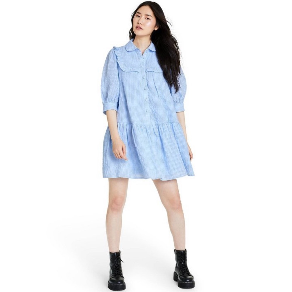 NWOT Sandy Liang Blue Gingham 3/4 Sleeve Dress - Picture 2 of 12